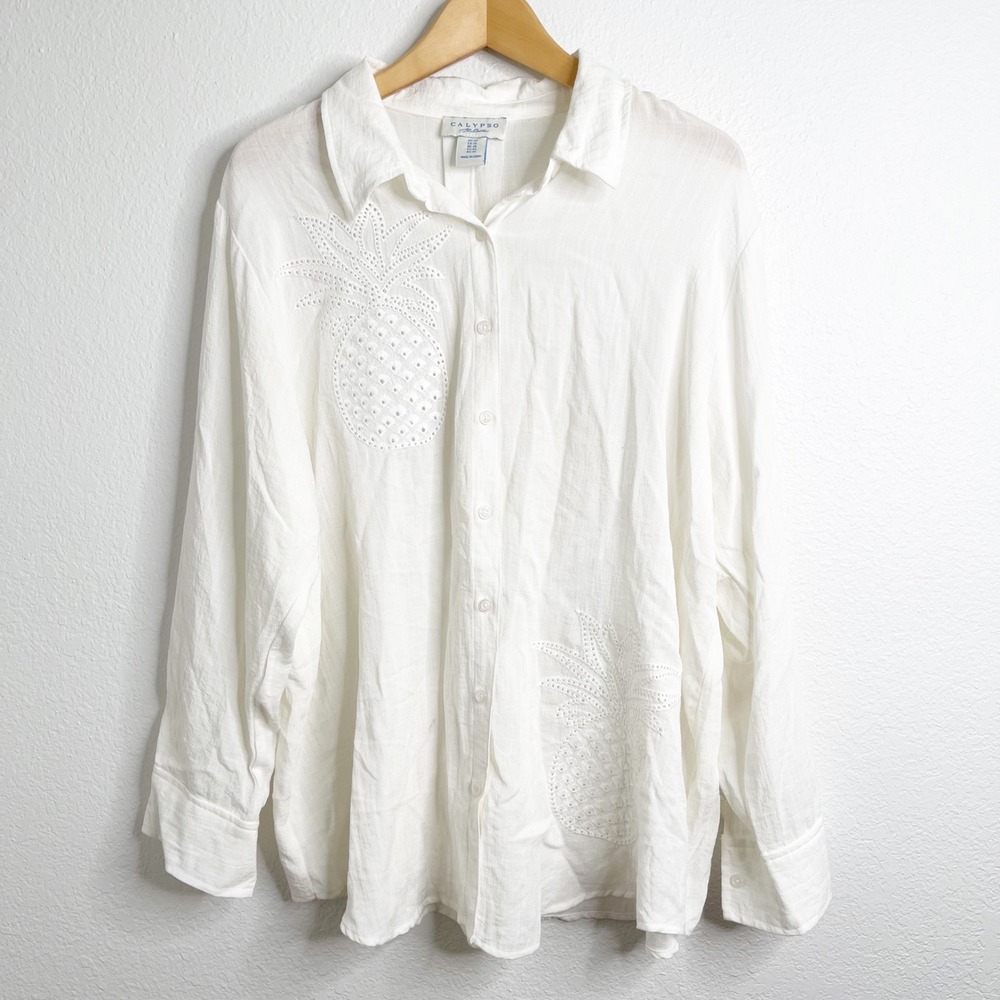 Calypso St Barth Womens 1X White Pineapple Eyelet Button Down Shirt Resortwear‎